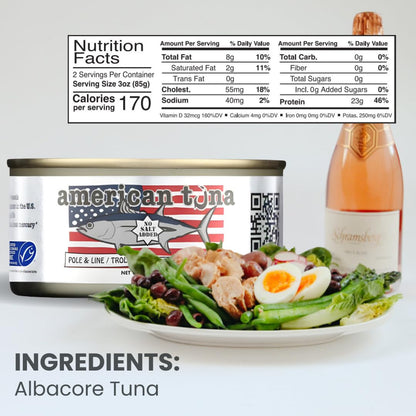 American Tuna Sushi-grade Wild Albacore Tuna Fish - No Salt Added, Wild Caught, MSC Certified, Pole Caught | (12) 6 Ounce Cans | Super Premium Canned Tuna