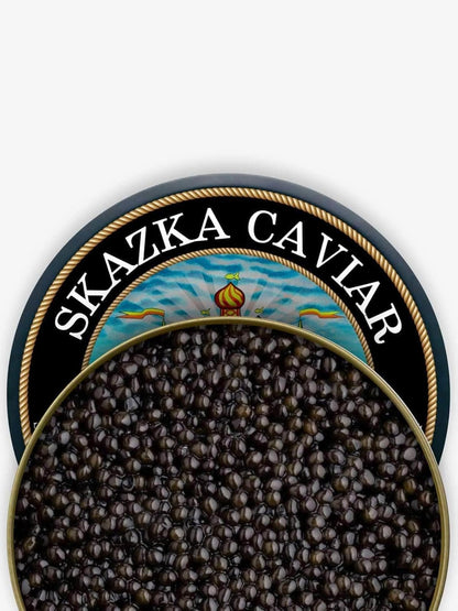Beluga Caviar Gift Set – SKAZKA CAVIAR — Premium Beluga, caviar with Pearl Spoon, Blinis, and Crème – Gourmet Food Gift Set for Special Occasions, Fast Fresh Shipping (Can Size - 16oz, "KING GRADE" Beluga Sturgeon Caviar)