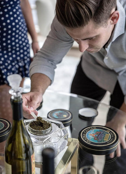 Beluga Caviar Gift Set – SKAZKA CAVIAR — Premium Beluga, caviar with Pearl Spoon, Blinis, and Crème – Gourmet Food Gift Set for Special Occasions, Fast Fresh Shipping (Can Size - 16oz, "KING GRADE" Beluga Sturgeon Caviar)