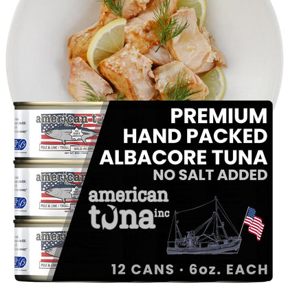 American Tuna Sushi-grade Wild Albacore Tuna Fish - No Salt Added, Wild Caught, MSC Certified, Pole Caught | (12) 6 Ounce Cans | Super Premium Canned Tuna