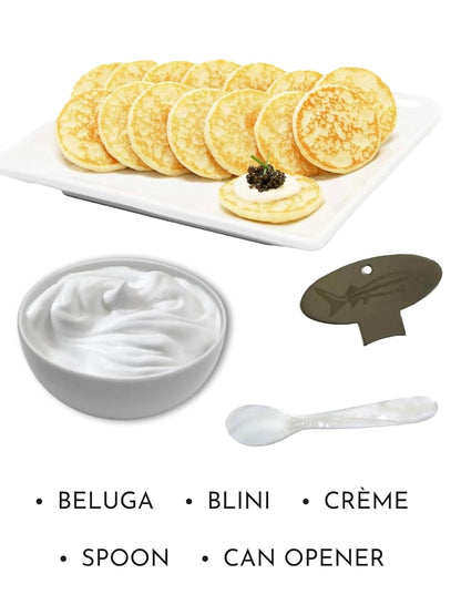 Beluga Caviar Gift Set – SKAZKA CAVIAR — Premium Beluga, caviar with Pearl Spoon, Blinis, and Crème – Gourmet Food Gift Set for Special Occasions, Fast Fresh Shipping (Can Size - 16oz, "KING GRADE" Beluga Sturgeon Caviar)