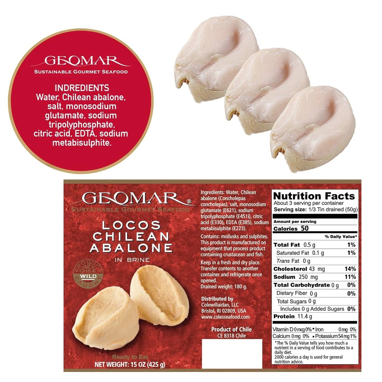 GEOMAR Locos (Chilean Abalone) in Brine - Hand Caught by Divers - Nutritious Seafood Delicacy - High in Protein and Ready-to-Eat - 3 Pieces per Can (15 oz) 6 Pack