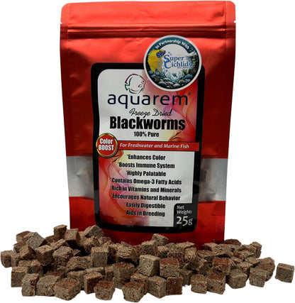 Super Cichlids Freeze Dried Blackworms with Color Boost - Great for Tropical & Marine Aquariums - High Protein, No Preservatives - Live Blackworms Replacement (25 Grams)