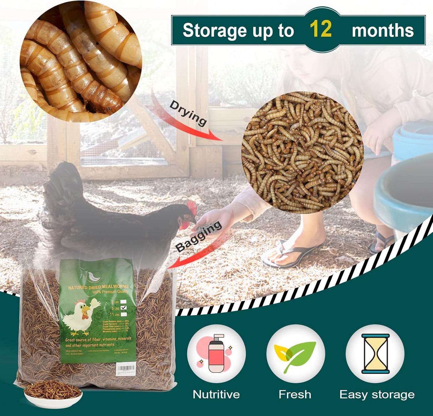 22 LBS Non-GMO Dried Mealworms for Wild Bird Chicken Fish,High-Protein,Large Meal Worms.