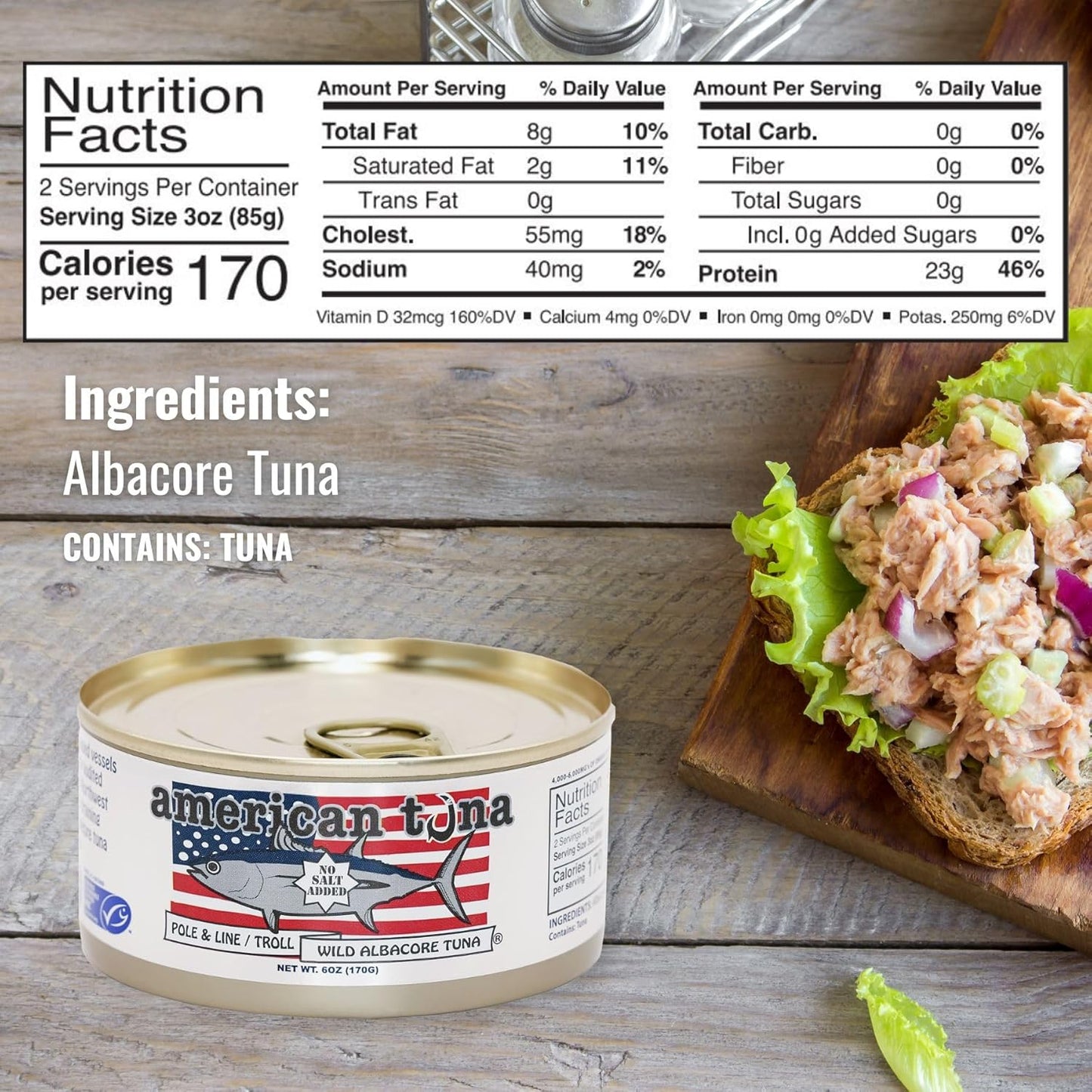 American Tuna Sushi-grade Wild Albacore Tuna Fish - No Salt Added, Wild Caught, MSC Certified, and Pole Caught | (12) 6 Ounce Cans