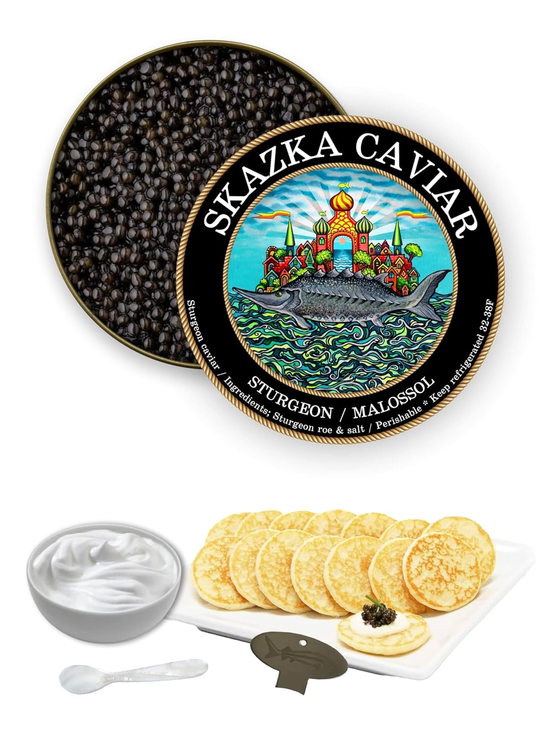 Beluga Caviar Gift Set – SKAZKA CAVIAR — Premium Beluga, caviar with Pearl Spoon, Blinis, and Crème – Gourmet Food Gift Set for Special Occasions, Fast Fresh Shipping (Can Size - 16oz, "KING GRADE" Beluga Sturgeon Caviar)